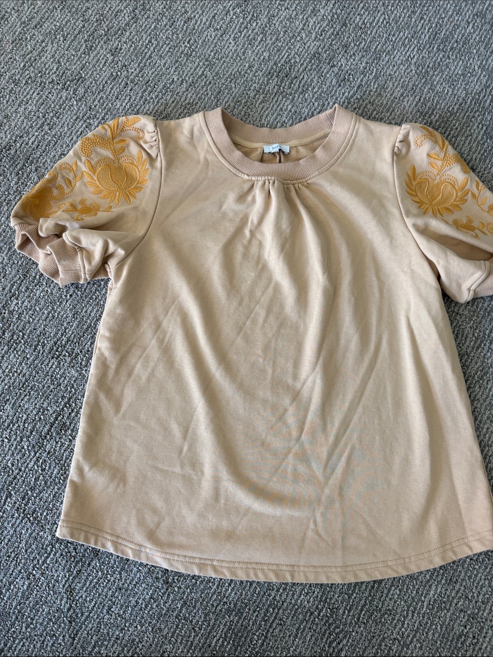 Beige Short Sleeve Tee with Yellow Floral Embroidered Sleeves